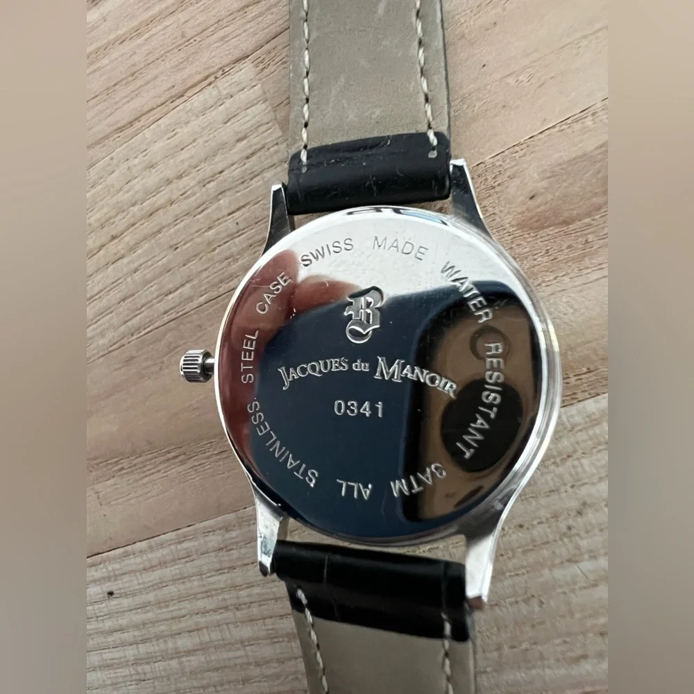 Jacques Du Manoir Ladies Watch Rare Black Leather Strap Date Window Quartz